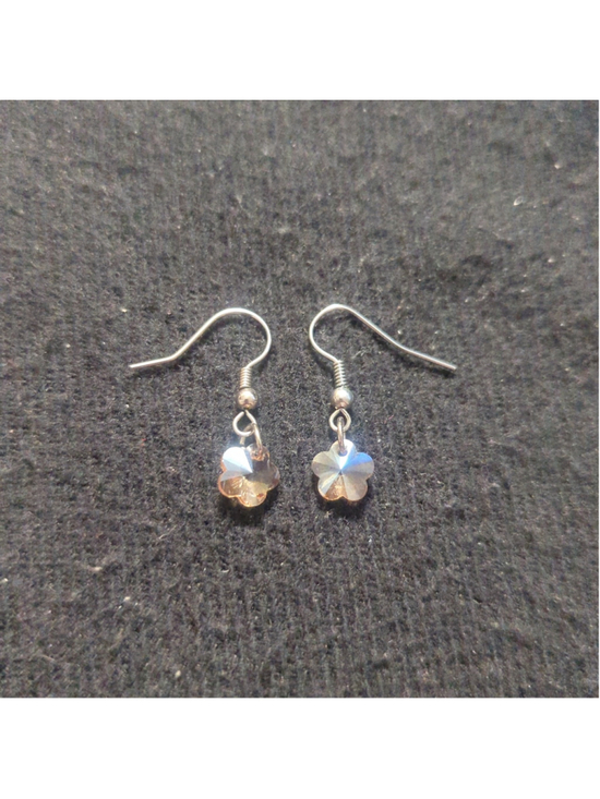 Hand Crafted Jewelry - Silver Tone Pastel Peach Swarovski Crystal Flower Dainty Drop Statement Earrings